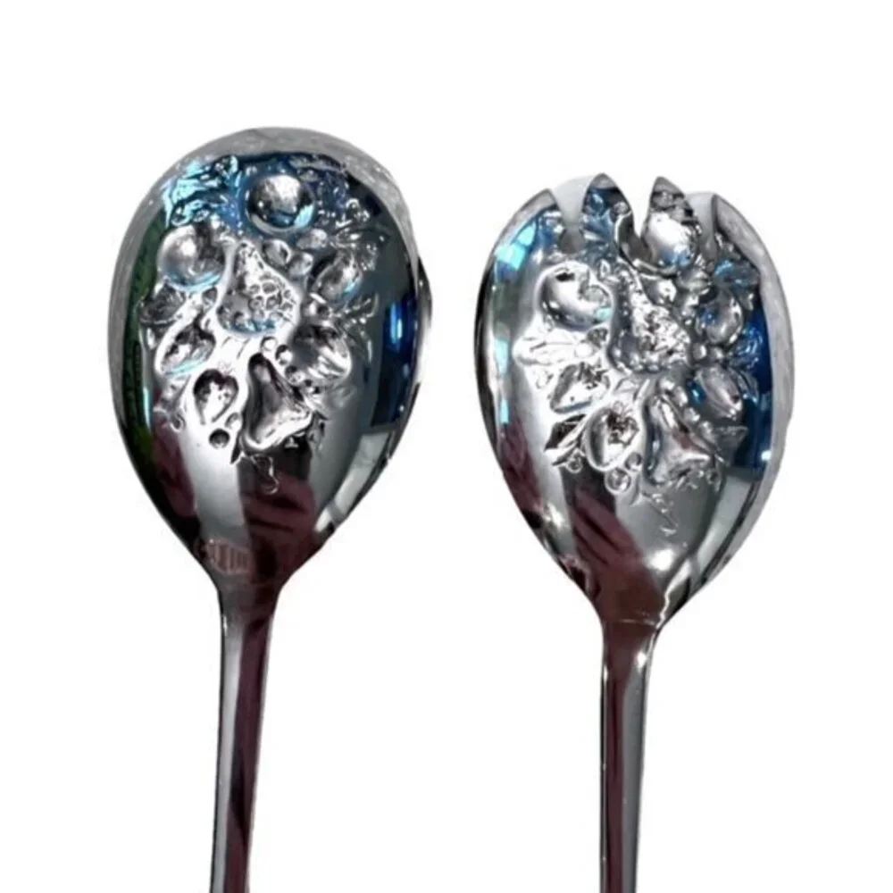 Vintage Sheffield England Embossed Silver Plate Salad Serving Fork & Spoon 9.5